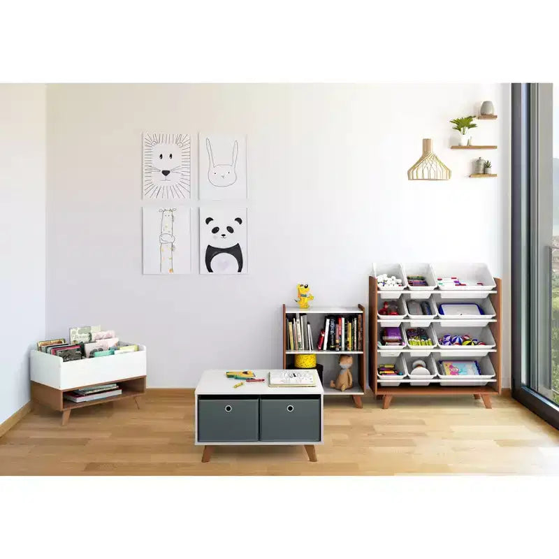 Libreria per bambini a 2 ripiani, stile moderno di metà secolo, Legno/Bianco