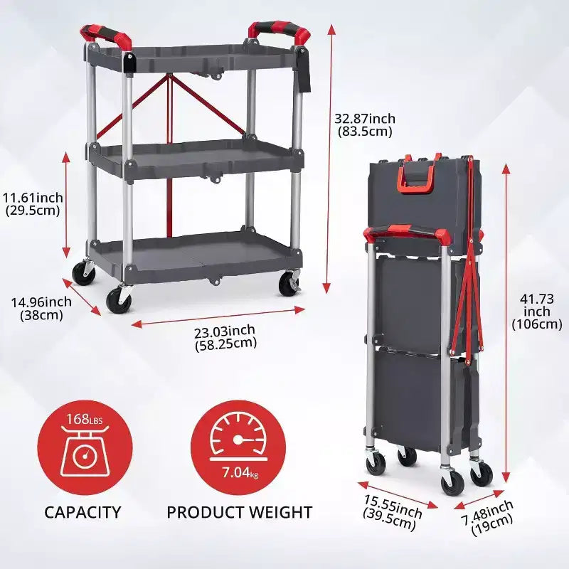 Carrello di servizio pieghevole a 3 ripiani con ruote bloccabili – Acciaio, 25 kg per ripiano