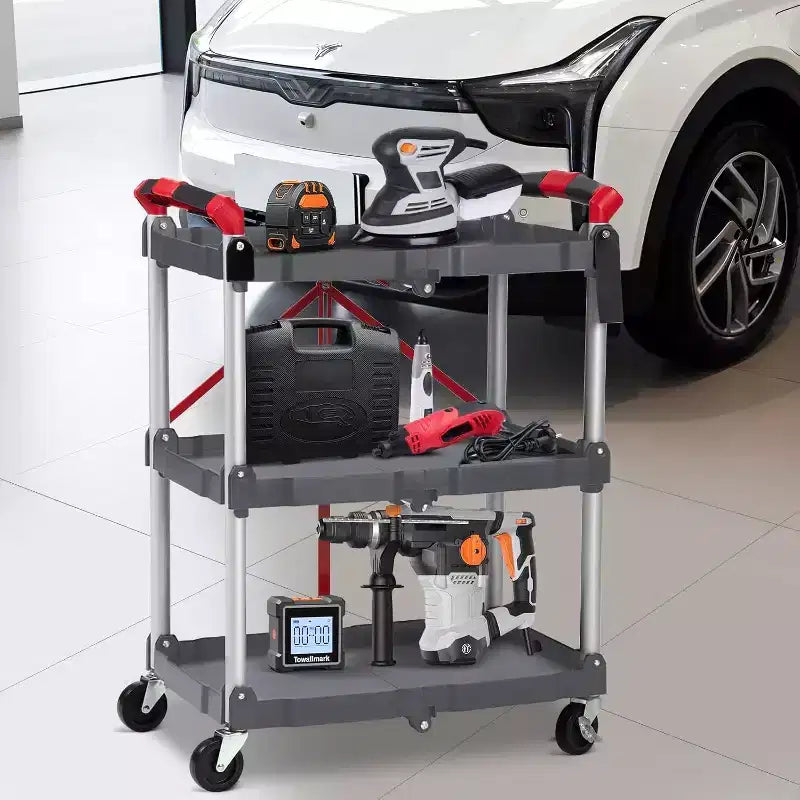 Carrello di servizio pieghevole a 3 ripiani con ruote bloccabili – Acciaio, 25 kg per ripiano