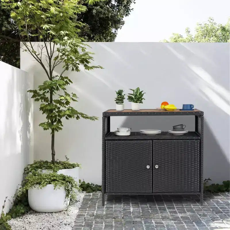 Mobile Contenitore da Esterno in Rattan con 2 Ante e Scaffale Regolabile