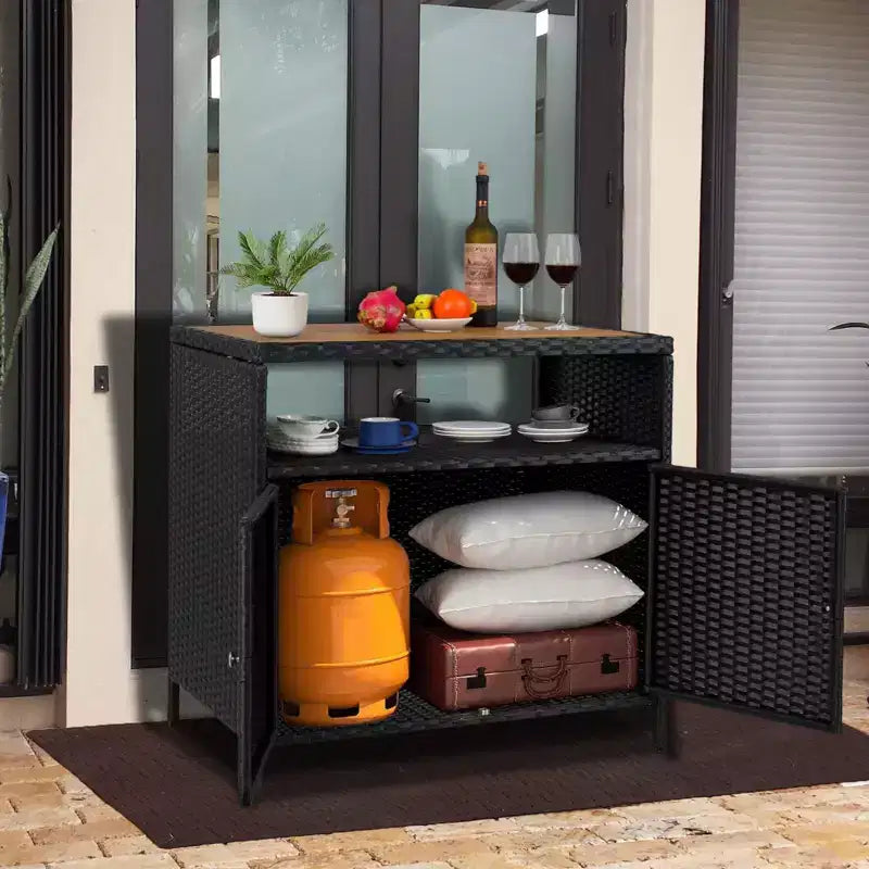 Mobile Contenitore da Esterno in Rattan con 2 Ante e Scaffale Regolabile