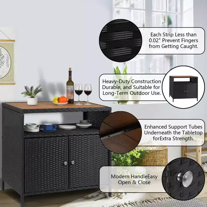 Mobile Contenitore da Esterno in Rattan con 2 Ante e Scaffale Regolabile