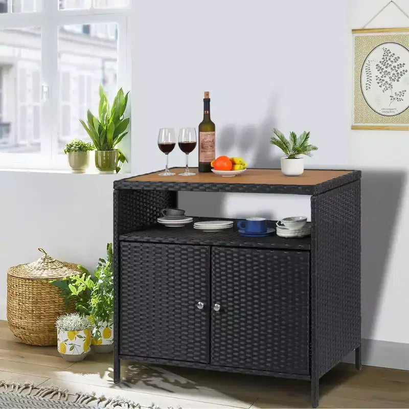 Mobile Contenitore da Esterno in Rattan con 2 Ante e Scaffale Regolabile