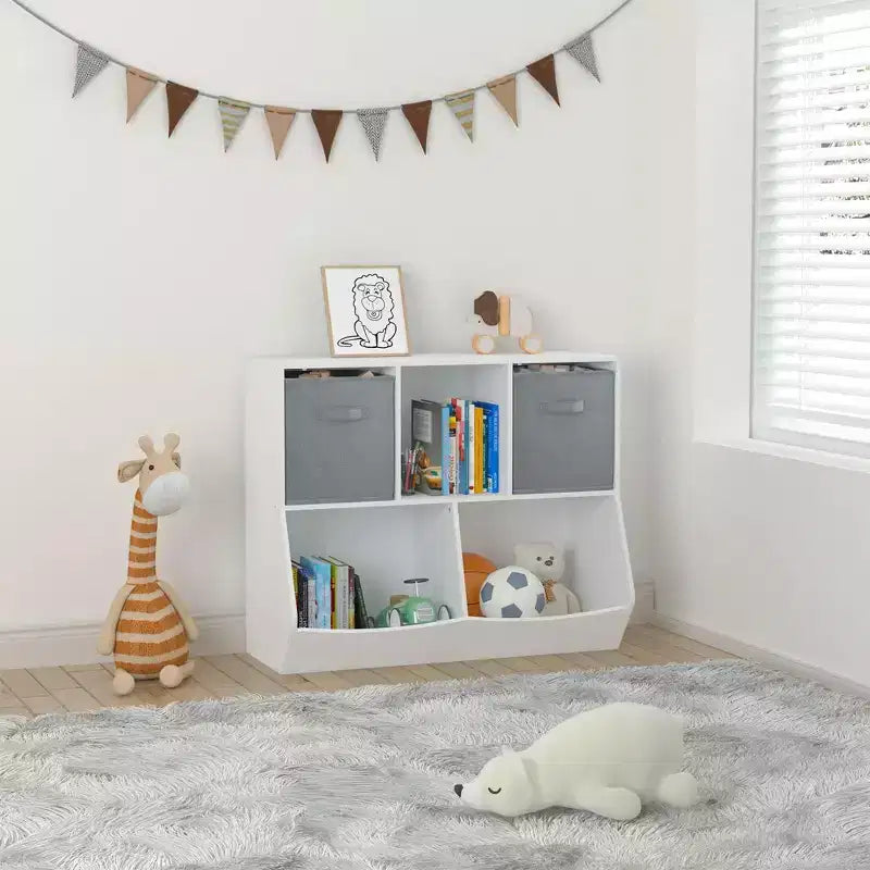 Libreria per Bambini a 4 Cubi con Contenitore Porta Giocattoli - Bianco Grigio