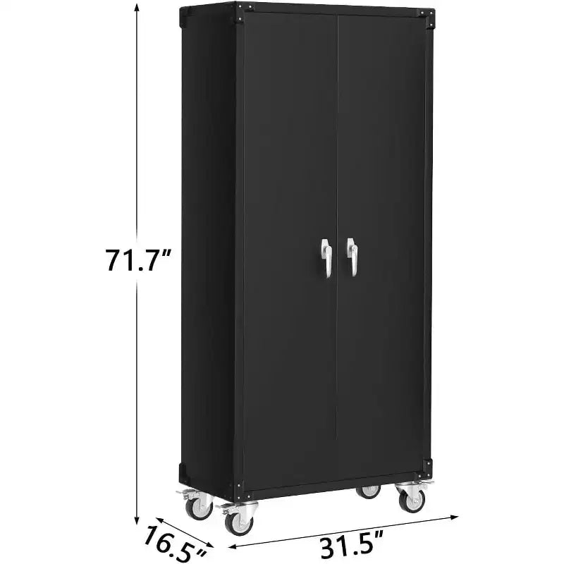Armadio di Stoccaggio in Metallo con Ruote e Pannello Forato, 183 cm H, 2 Ante, 4 Ripiani Regolabili