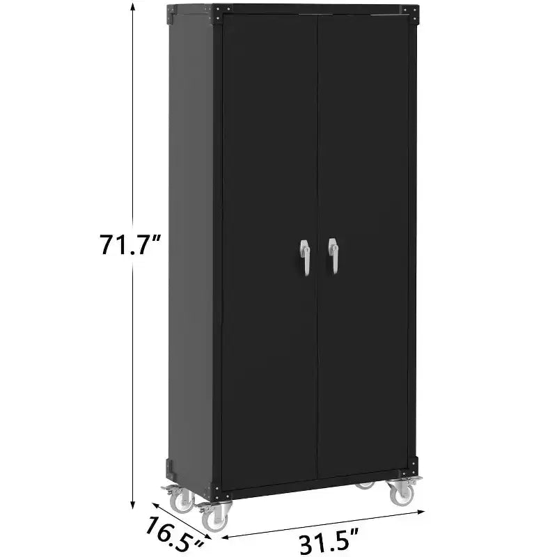 Armadio di Stoccaggio in Metallo con Ruote e Pannello Forato, 183 cm H, 2 Ante, 4 Ripiani Regolabili