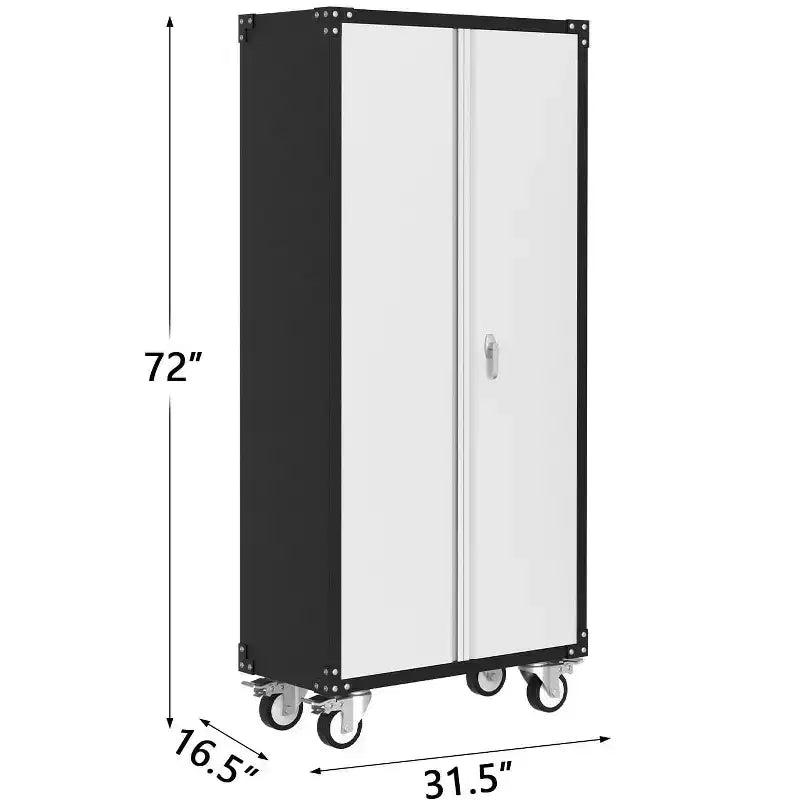 Armadio di Stoccaggio in Metallo con Ruote e Pannello Forato, 183 cm H, 2 Ante, 4 Ripiani Regolabili