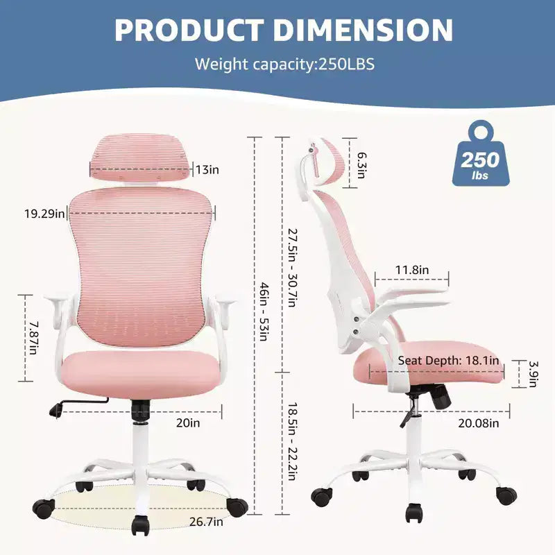 Sedia da ufficio ergonomica con schienale alto, poggiatesta regolabile, tessuto rosa, capacità 113 kg