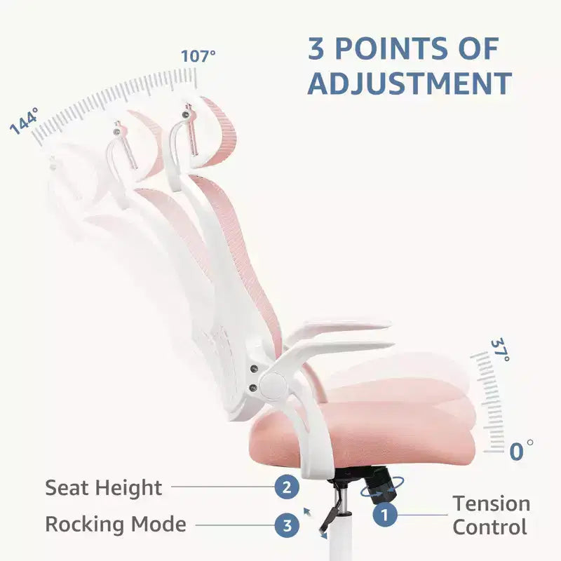 Sedia da ufficio ergonomica con schienale alto, poggiatesta regolabile, tessuto rosa, capacità 113 kg