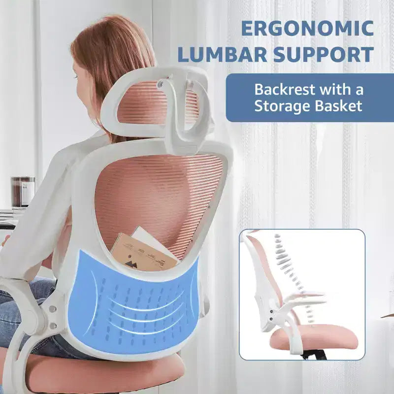 Sedia da ufficio ergonomica con schienale alto, poggiatesta regolabile, tessuto rosa, capacità 113 kg