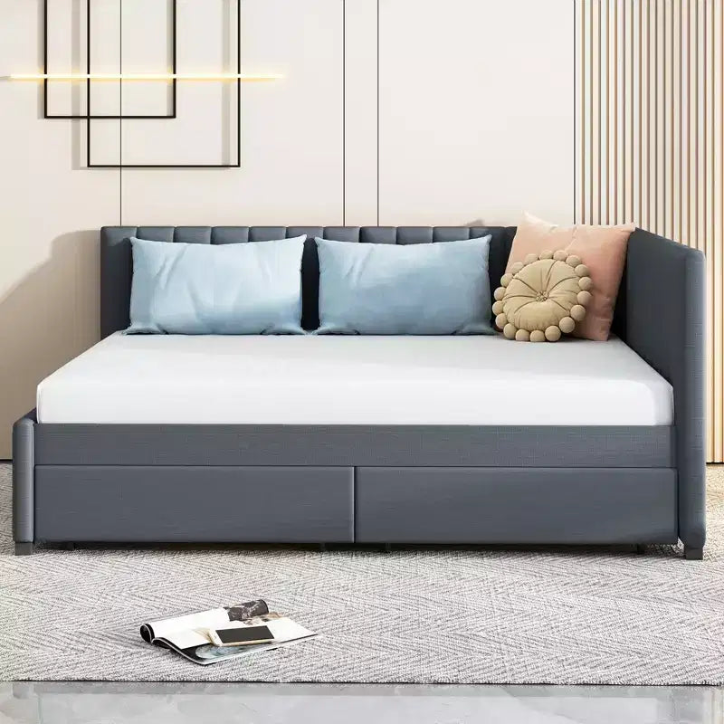Letto da giorno imbottito a una piazza e mezza con 2 cassetti portaoggetti