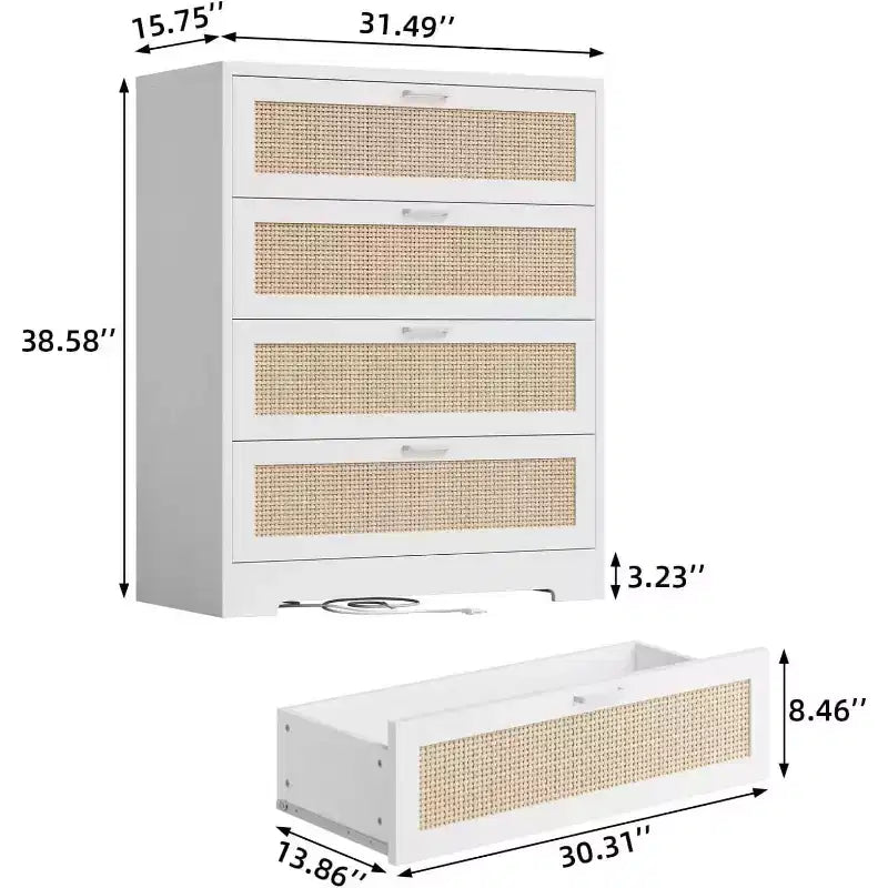 Cassettiera alta in rattan a 4 cassetti con vano portaoggetti