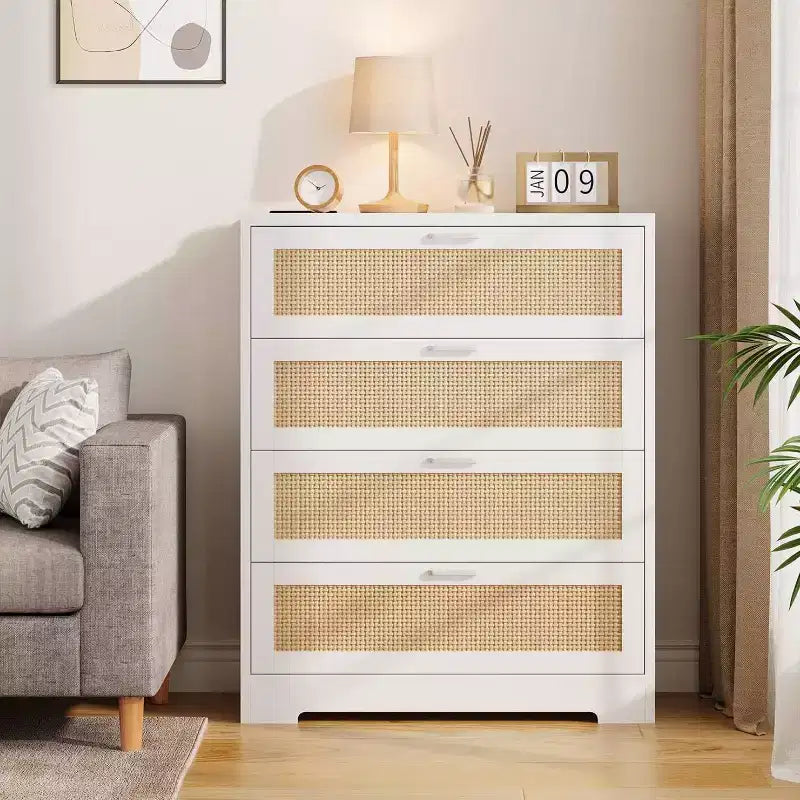 Cassettiera alta in rattan a 4 cassetti con vano portaoggetti