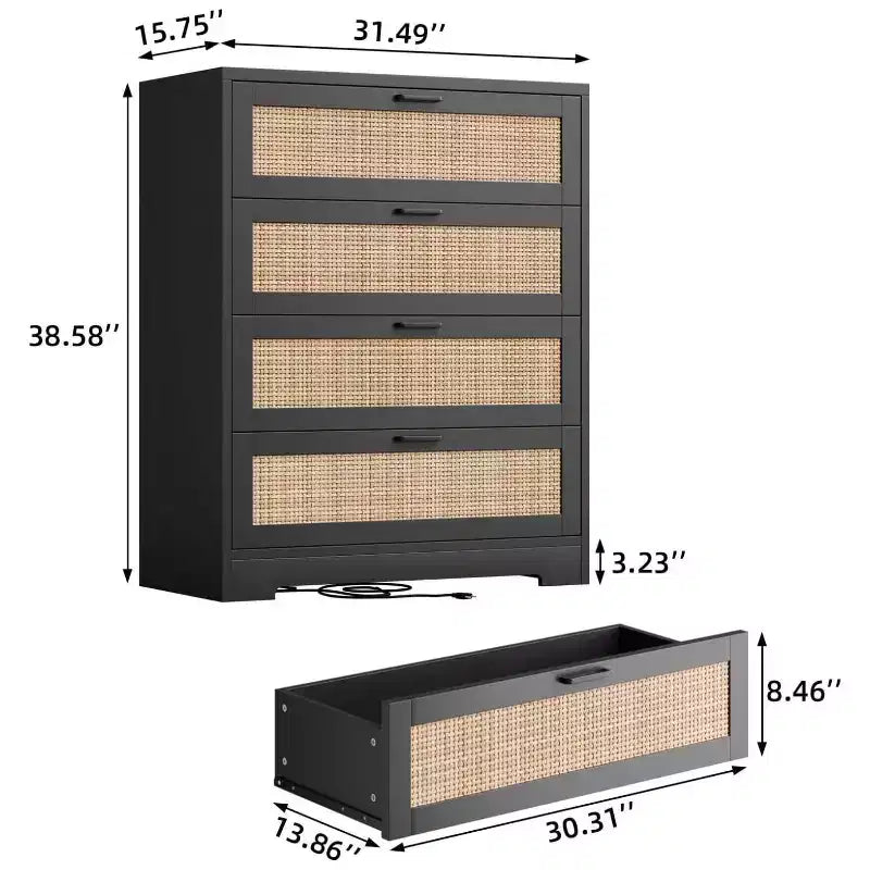 Cassettiera alta in rattan a 4 cassetti con vano portaoggetti