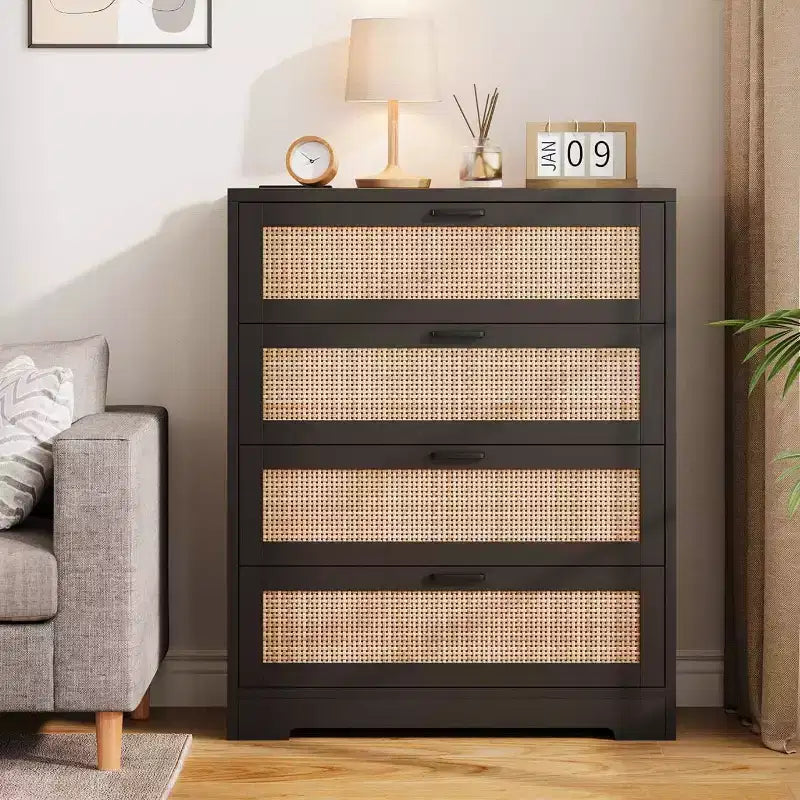 Cassettiera alta in rattan a 4 cassetti con vano portaoggetti