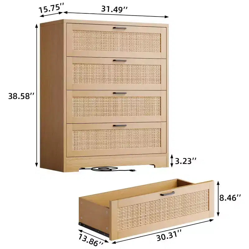 Cassettiera alta in rattan a 4 cassetti con vano portaoggetti