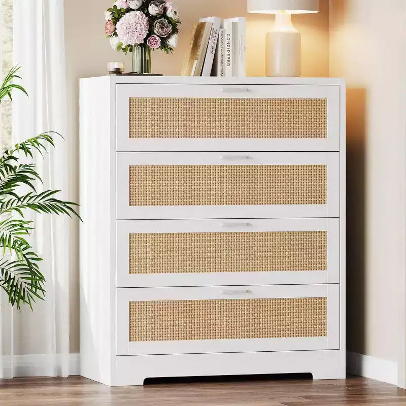 Cassettiera alta in rattan a 4 cassetti con vano portaoggetti