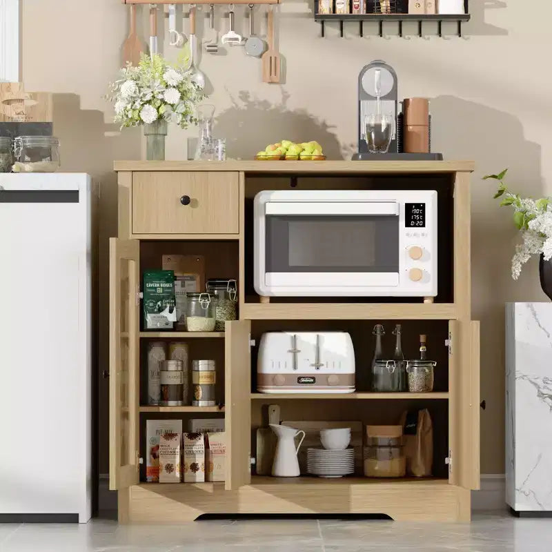 Mobiletto da cucina per microonde con contenitore, credenza a buffet con 3 ante, 1 cassetto e ripiani regolabili, finitura naturale