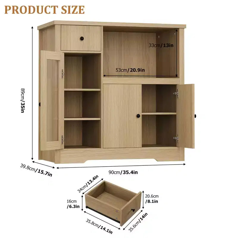 Mobiletto da cucina per microonde con contenitore, credenza a buffet con 3 ante, 1 cassetto e ripiani regolabili, finitura naturale