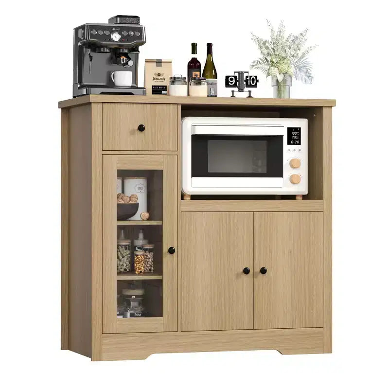 Mobiletto da cucina per microonde con contenitore, credenza a buffet con 3 ante, 1 cassetto e ripiani regolabili, finitura naturale