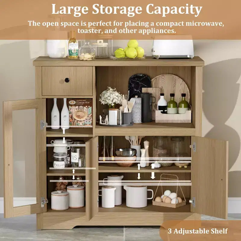 Mobiletto da cucina per microonde con contenitore, credenza a buffet con 3 ante, 1 cassetto e ripiani regolabili, finitura naturale