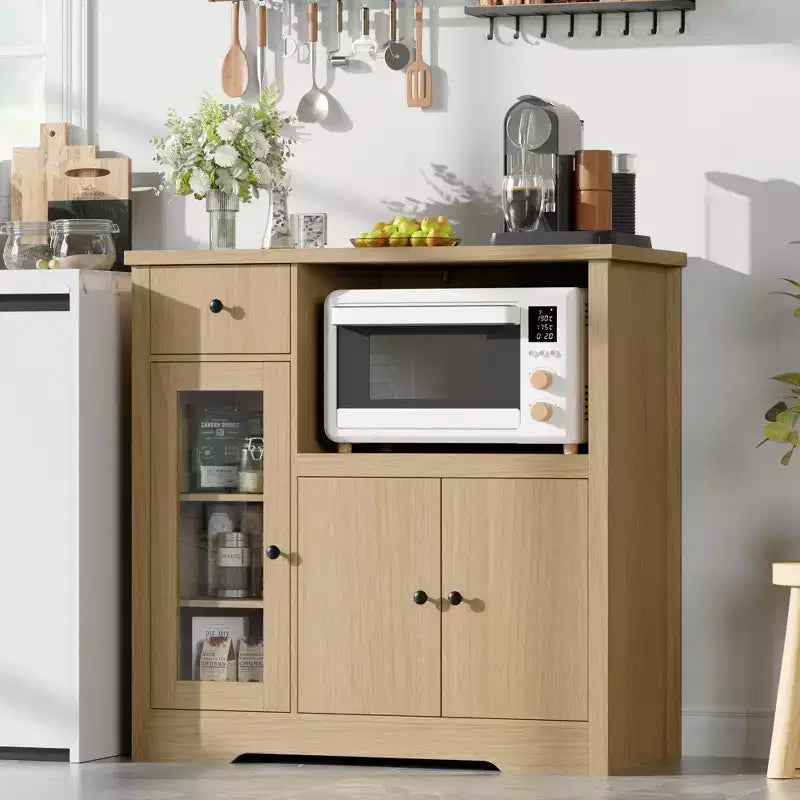 Mobiletto da cucina per microonde con contenitore, credenza a buffet con 3 ante, 1 cassetto e ripiani regolabili, finitura naturale