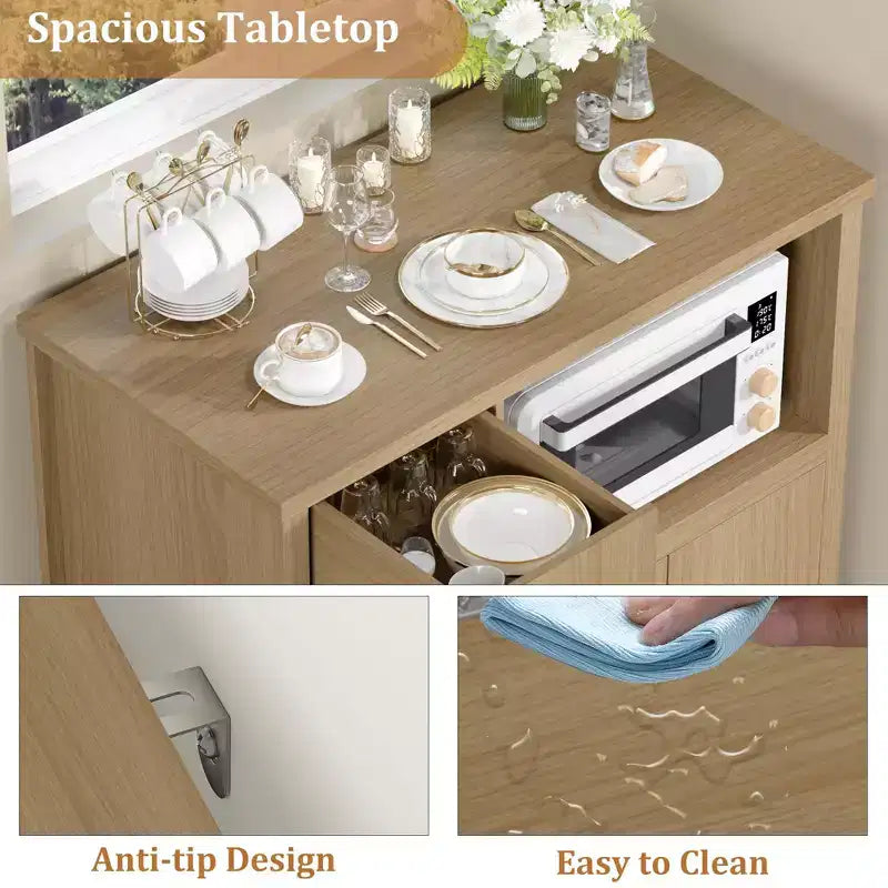 Mobiletto da cucina per microonde con contenitore, credenza a buffet con 3 ante, 1 cassetto e ripiani regolabili, finitura naturale