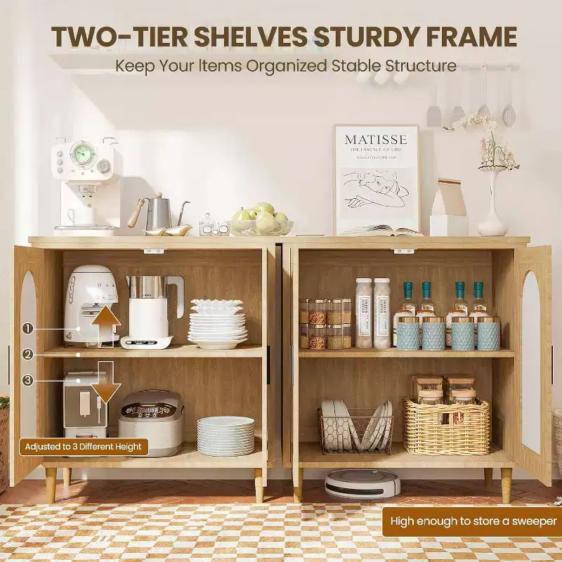 Mobile Credenza Buffet con Ante in Rattan e Piedini in Legno Massello