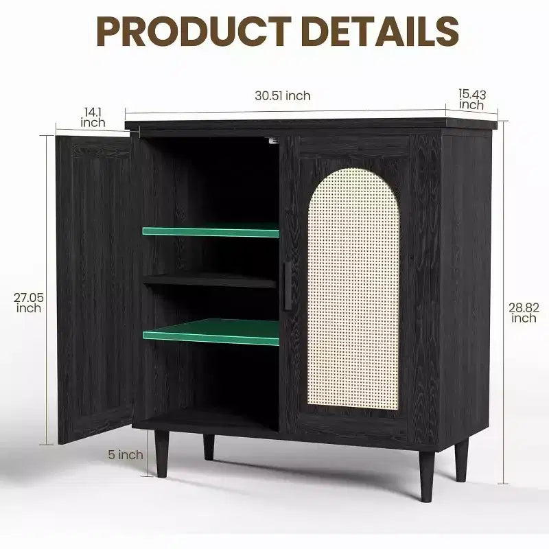 Mobile Credenza Buffet con Ante in Rattan e Piedini in Legno Massello
