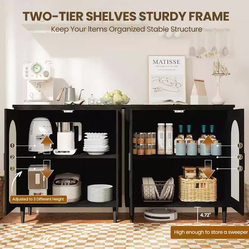 Mobile Credenza Buffet con Ante in Rattan e Piedini in Legno Massello