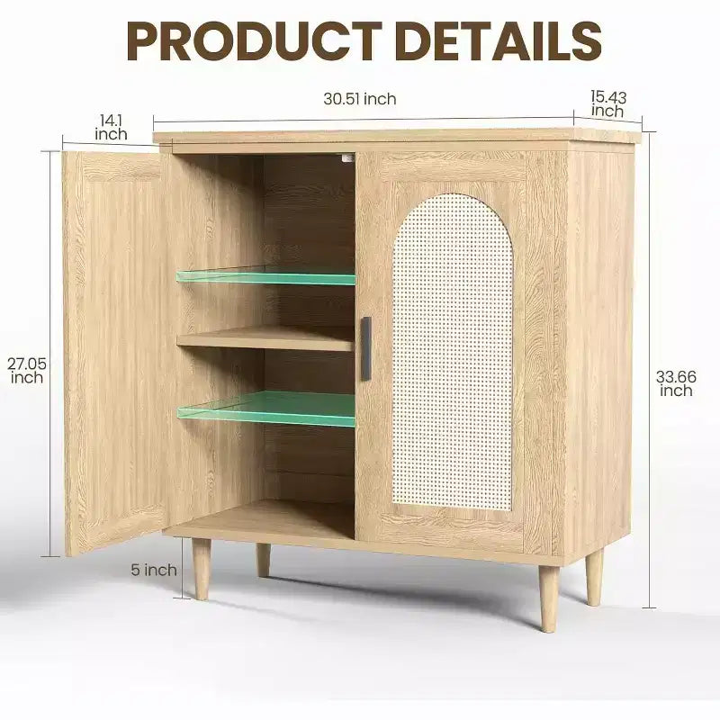Mobile Credenza Buffet con Ante in Rattan e Piedini in Legno Massello