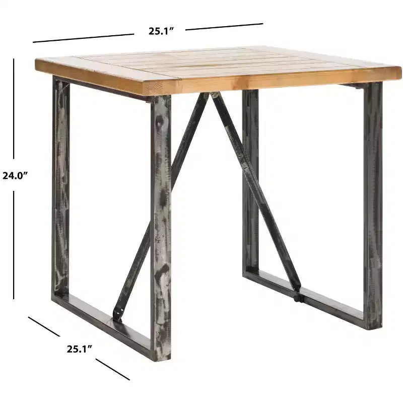 Tavolino quadrato con ripiano in legno di abete e struttura in metallo