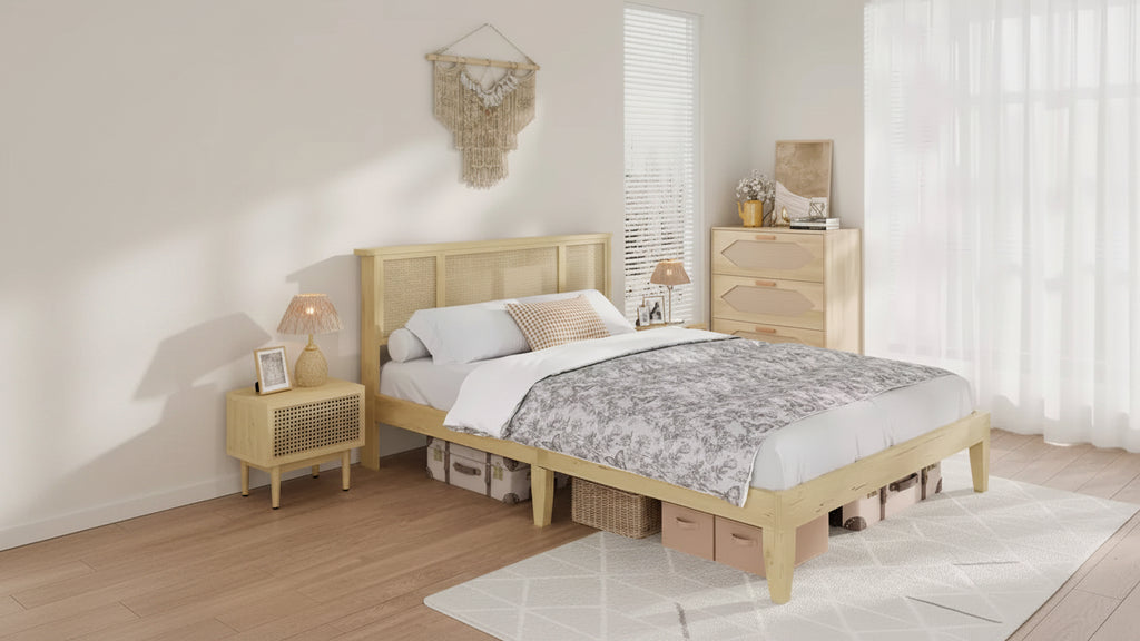 Bed Frame with Natural Rattan Headboard, Wood Platform Beds Strong Wooden Slats, No Box Spring Required, Noise Free, Easy Assembly