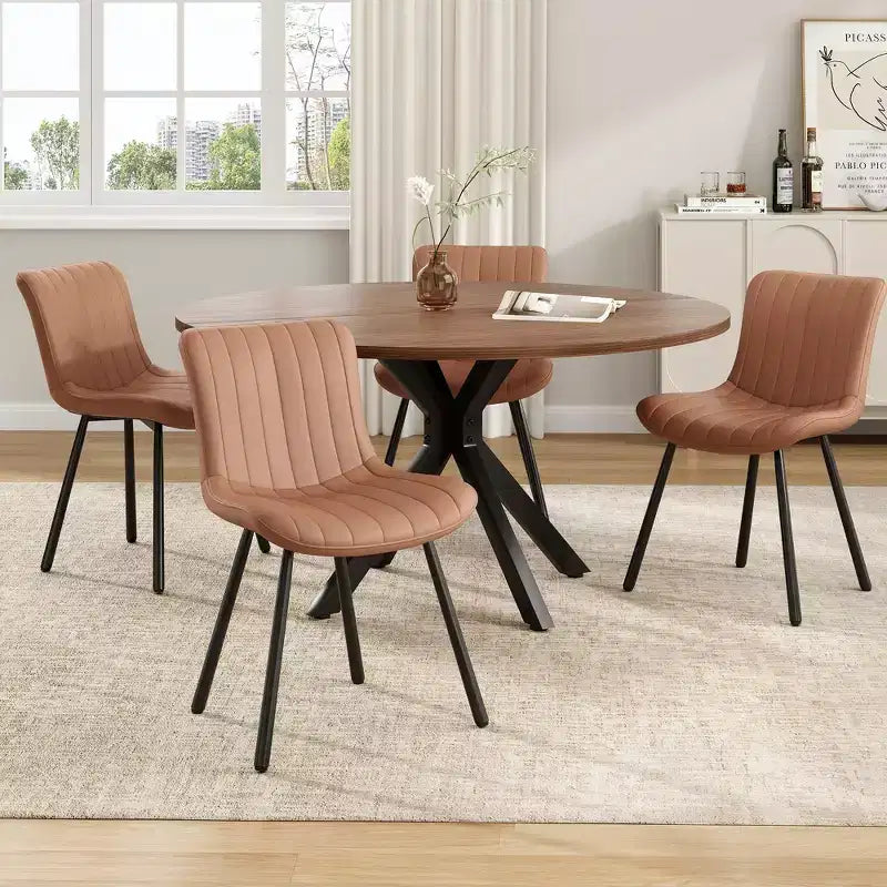 Tavolo da pranzo rotondo da 47" con piano in legno e base a X in metallo, posti a sedere fino a 6 persone