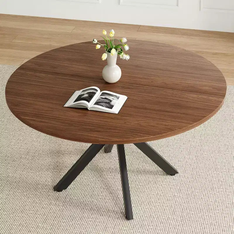 Tavolo da pranzo rotondo da 47" con piano in legno e base a X in metallo, posti a sedere fino a 6 persone