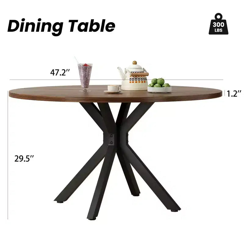 Tavolo da pranzo rotondo da 47" con piano in legno e base a X in metallo, posti a sedere fino a 6 persone