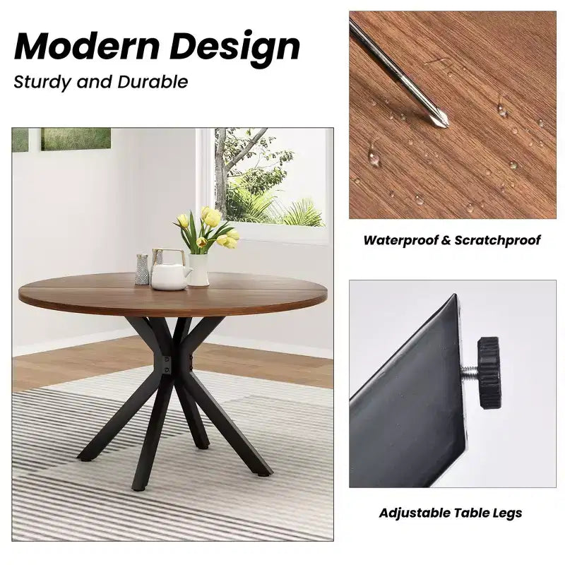 Tavolo da pranzo rotondo da 47" con piano in legno e base a X in metallo, posti a sedere fino a 6 persone