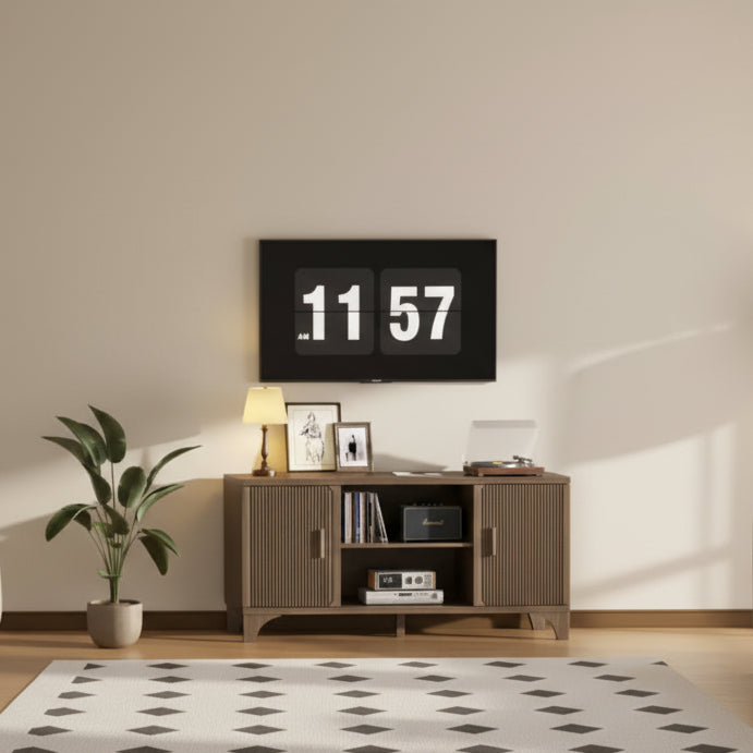 Mobile TV moderno per TV fino a 65 pollici con ante a chiusura ammortizzata, finitura noce