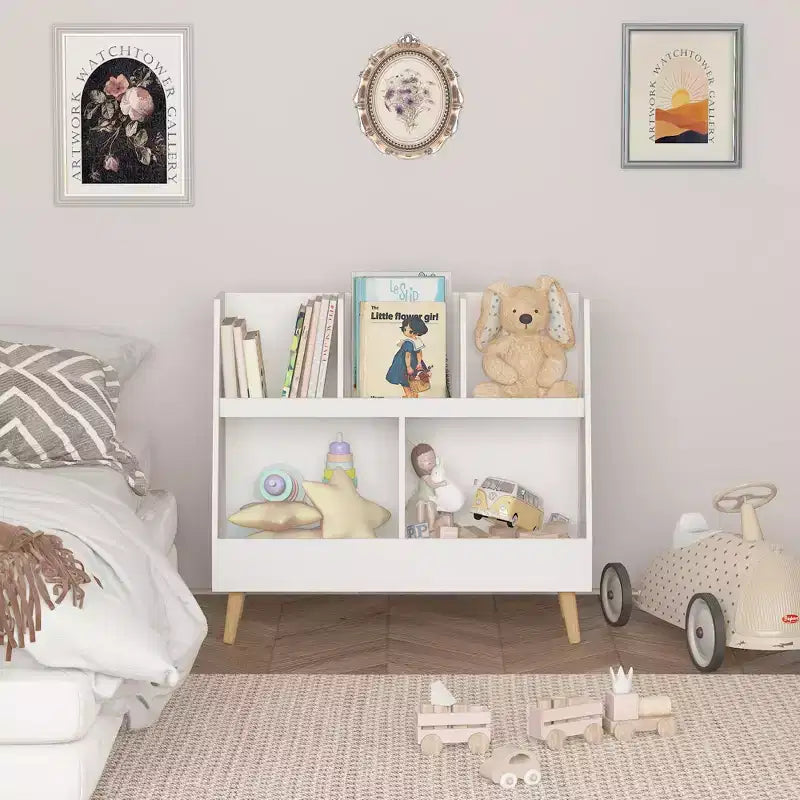 Modern Kids Bookshelf Toy Organizer, 2-Tier Storage Display Bookcase with 5 Cubbies, Open-Faced Bins, Christmas Birthday GIF