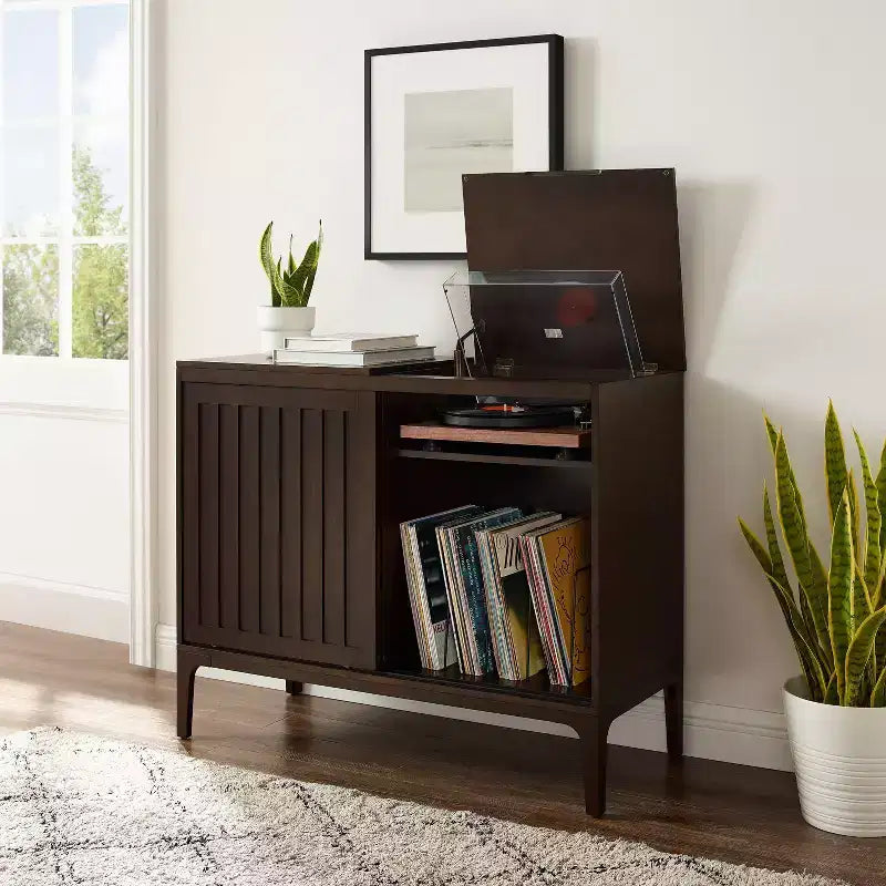 Mobile contenitore per dischi in vinile con ante scorrevoli – Marrone scuro