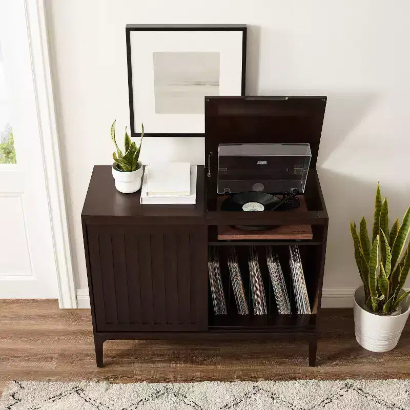 Mobile contenitore per dischi in vinile con ante scorrevoli – Marrone scuro