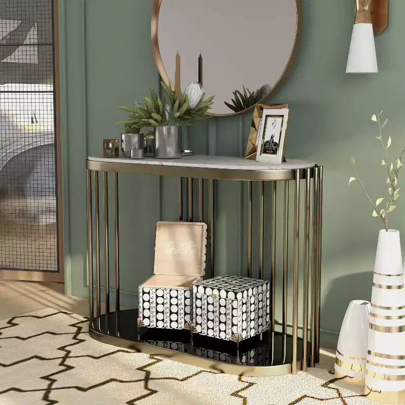 Consolle Glam da Ingresso – Struttura in Ottone Anticato con Piano Effetto Marmo