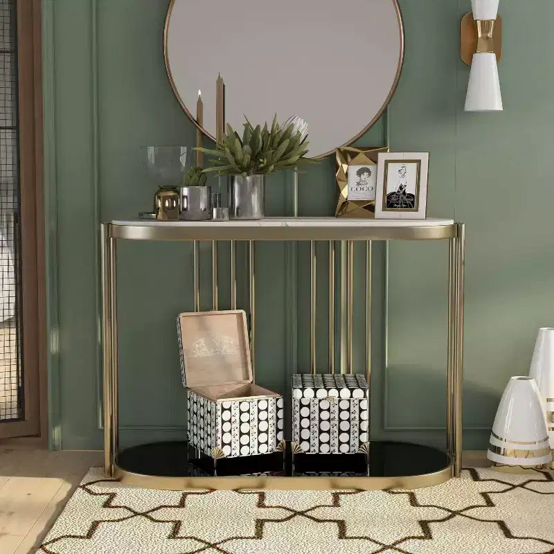 Consolle Glam da Ingresso – Struttura in Ottone Anticato con Piano Effetto Marmo