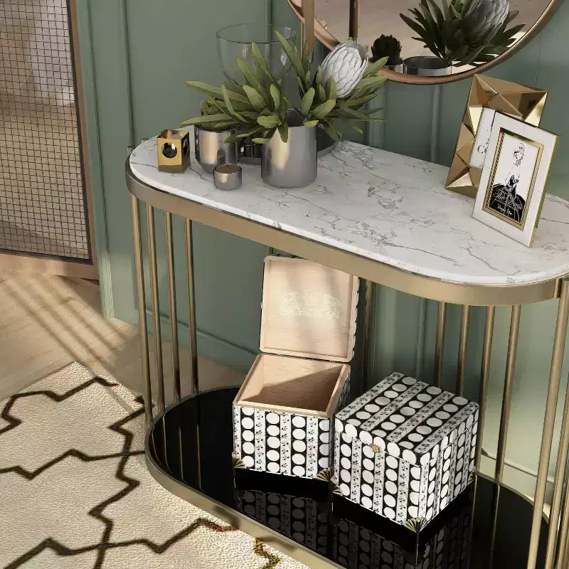 Consolle Glam da Ingresso – Struttura in Ottone Anticato con Piano Effetto Marmo