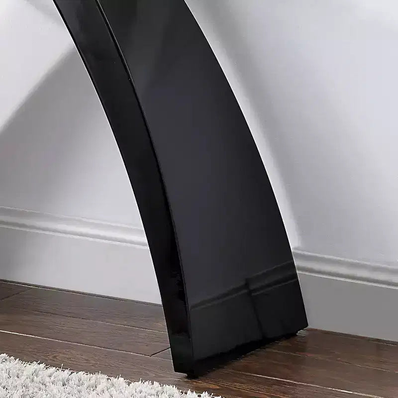 Tavolino consolle con piano in vetro ovale e gambe in legno curvato