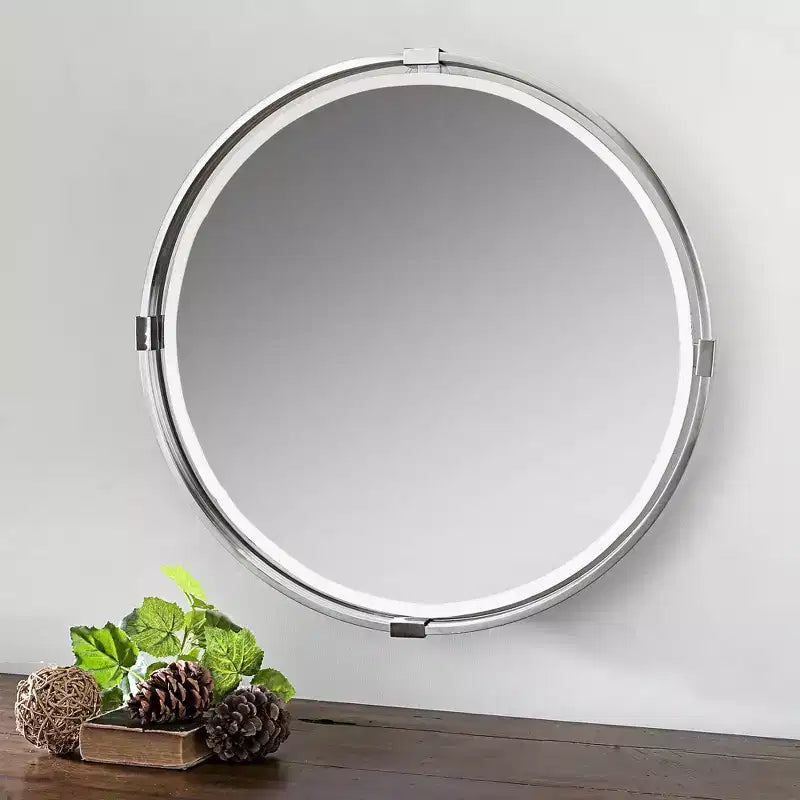 Specchio da Parete Rotondo con Cornice in Metallo Nickel Spazzolato, 75 cm, Bordo Smussato
