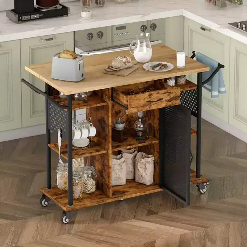 Carrello da cucina con ripiano estraibile a scomparsa, Marrone