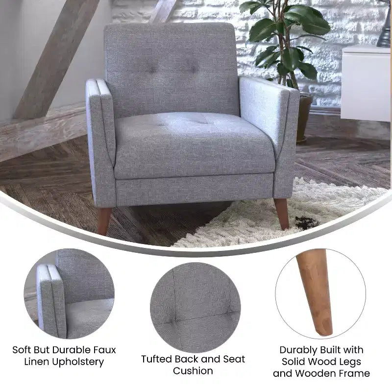 Poltrona Mid-Century Modern con Rivestimento Trapuntato in Finta Biancheria e Gambe in Legno Massello