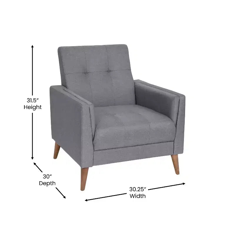 Poltrona Mid-Century Modern con Rivestimento Trapuntato in Finta Biancheria e Gambe in Legno Massello