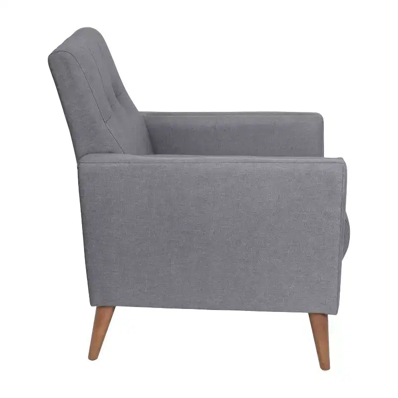 Poltrona Mid-Century Modern con Rivestimento Trapuntato in Finta Biancheria e Gambe in Legno Massello